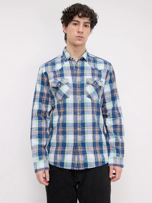 Luxe Denim Contrast Plaid Checks Twin Pocket Shirt