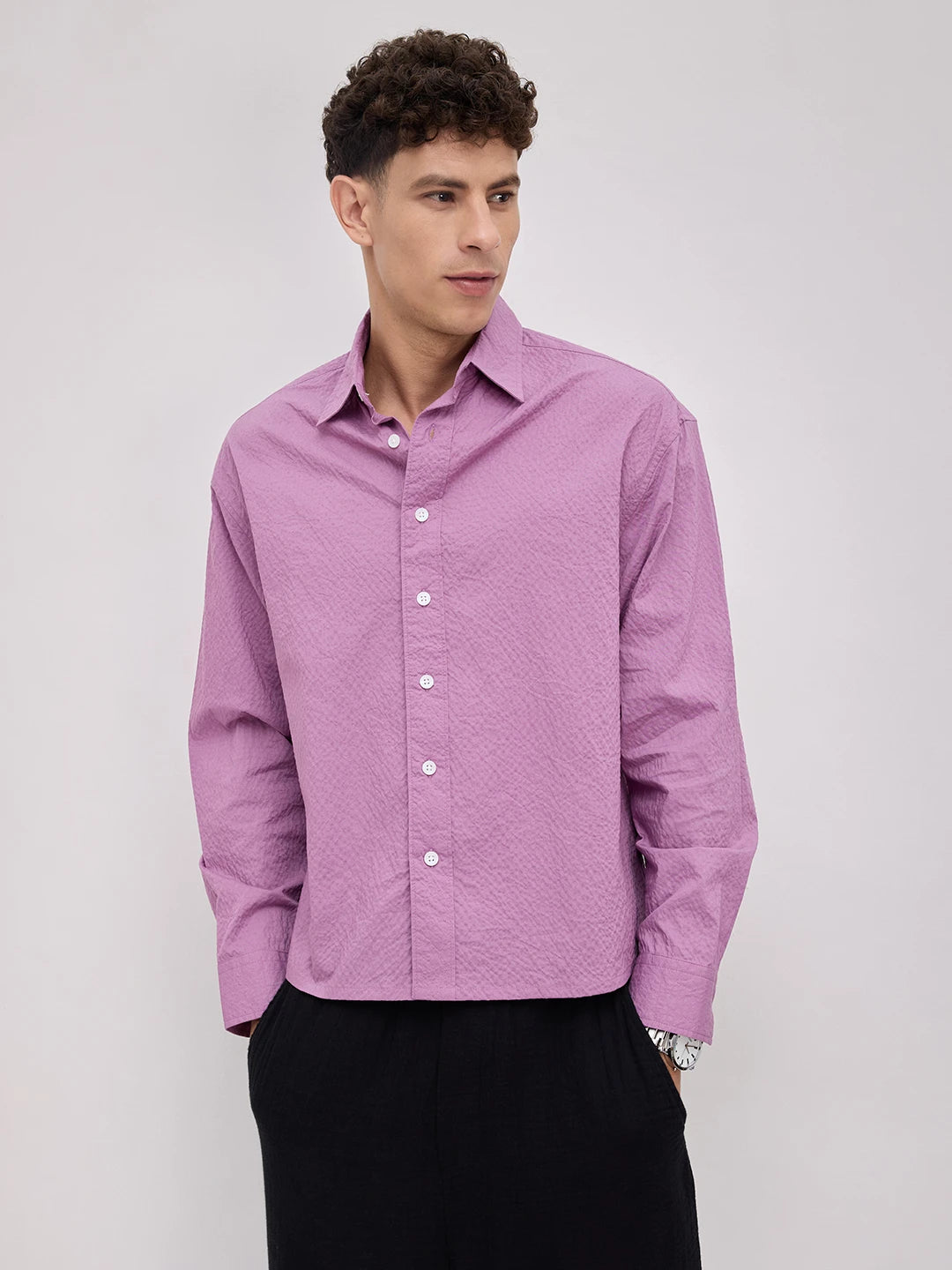 Crushed Fuchsia Pink Textured Boxy Fit Crop Shirt