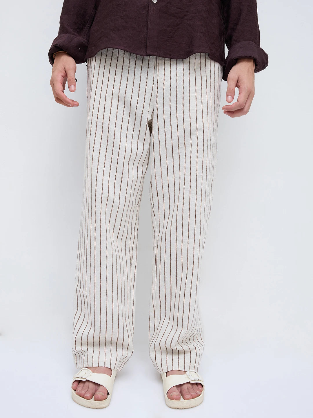Artistic Ivory & Brown Burlap Striped Straight Fit Trousers