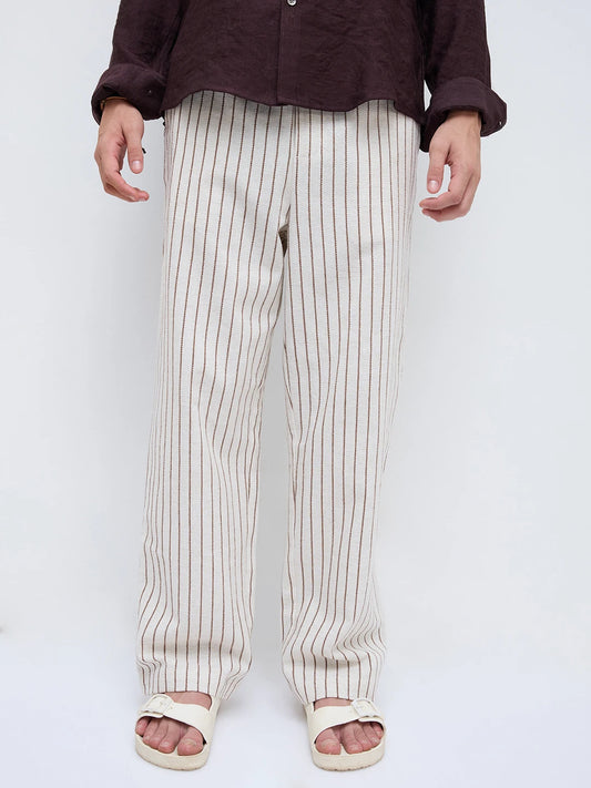 Artistic Ivory & Brown Burlap Striped Straight Fit Trousers