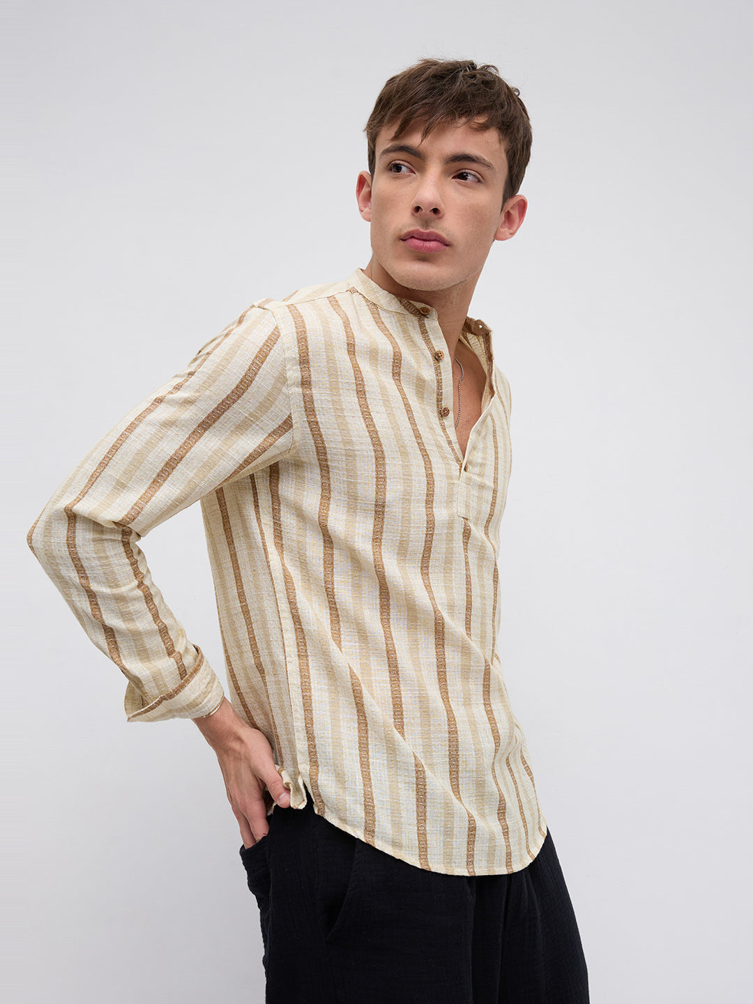 Dessert Sand Beige Jacquard Woven Striped Kurta