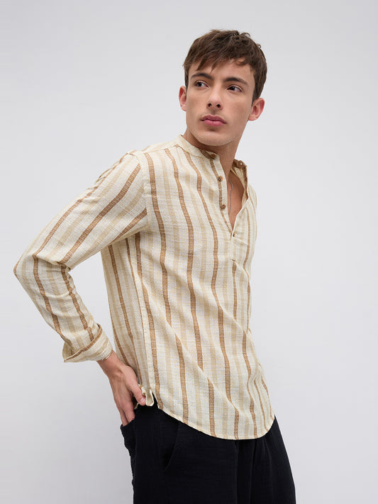 Dessert Sand Beige Jacquard Woven Striped Kurta