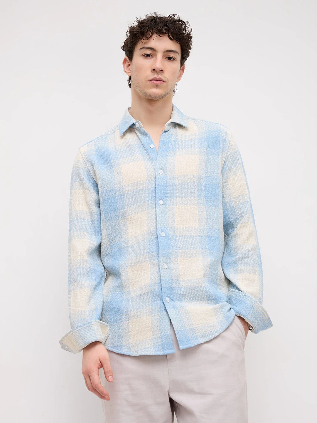 Blue Interlock Weave Plaid Checks Shirt