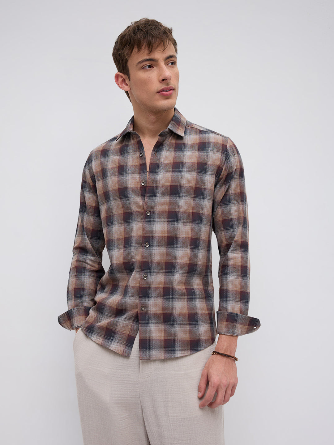 Elegant Smoked Brown Block Checks Everyday Shirt