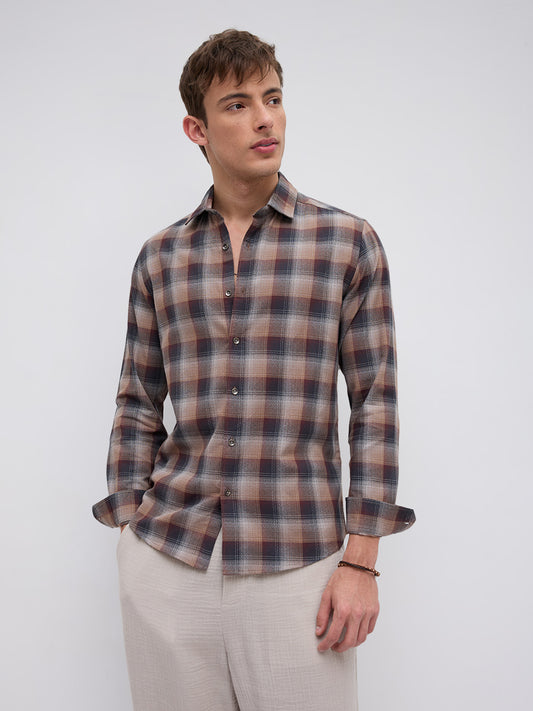 Elegant Smoked Brown Block Checks Everyday Shirt