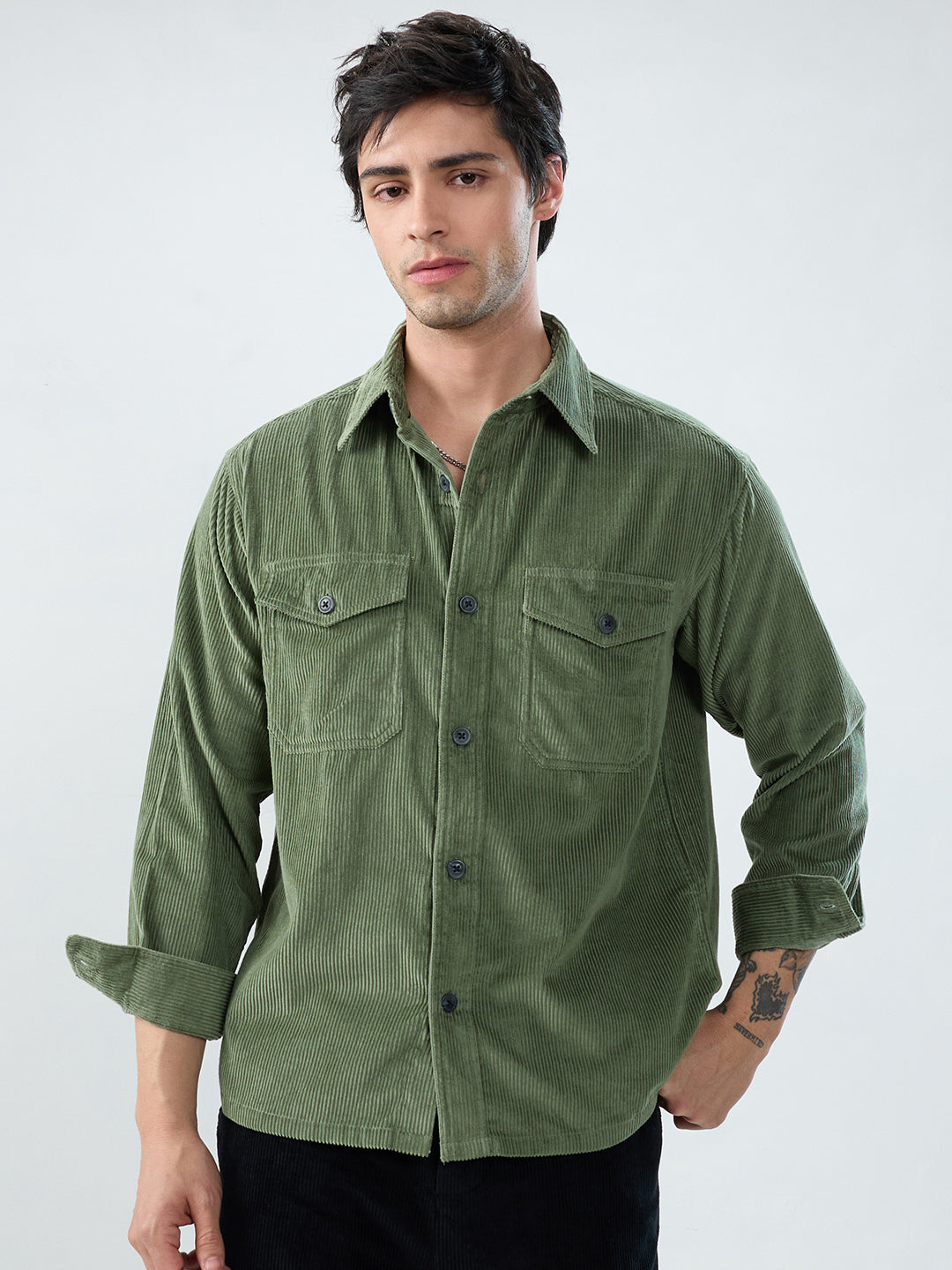 Green Mossline Structured Corduroy Double Pocket Overshirt