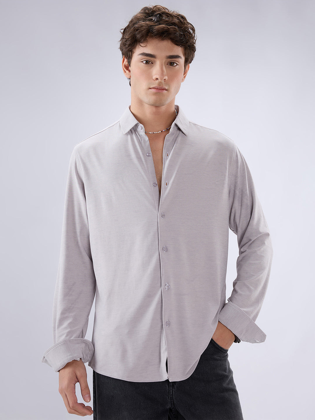 Classic Solid Plush Grey Knitted Shirt