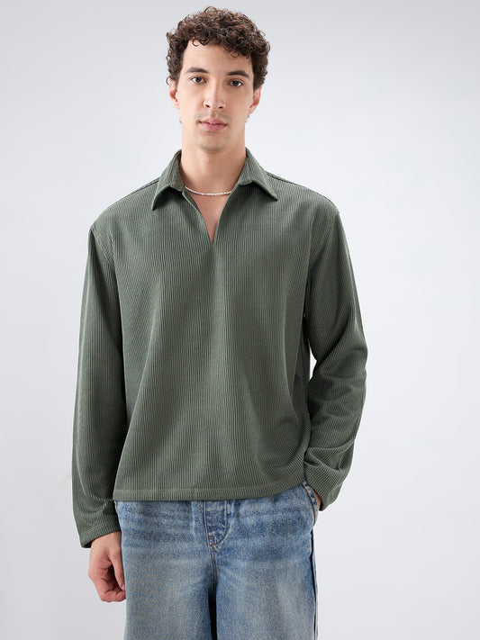 Refined Olive Textured Knitted  Oversized Polo Shirt