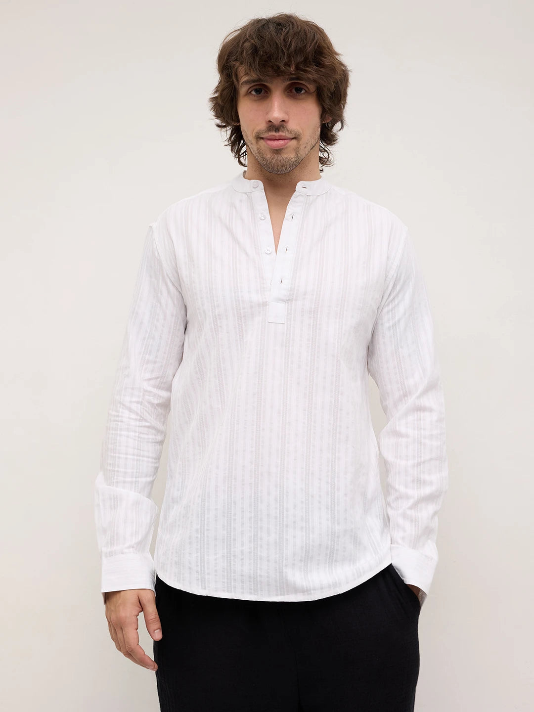 Frost White Diamond Striped Weave Kurta
