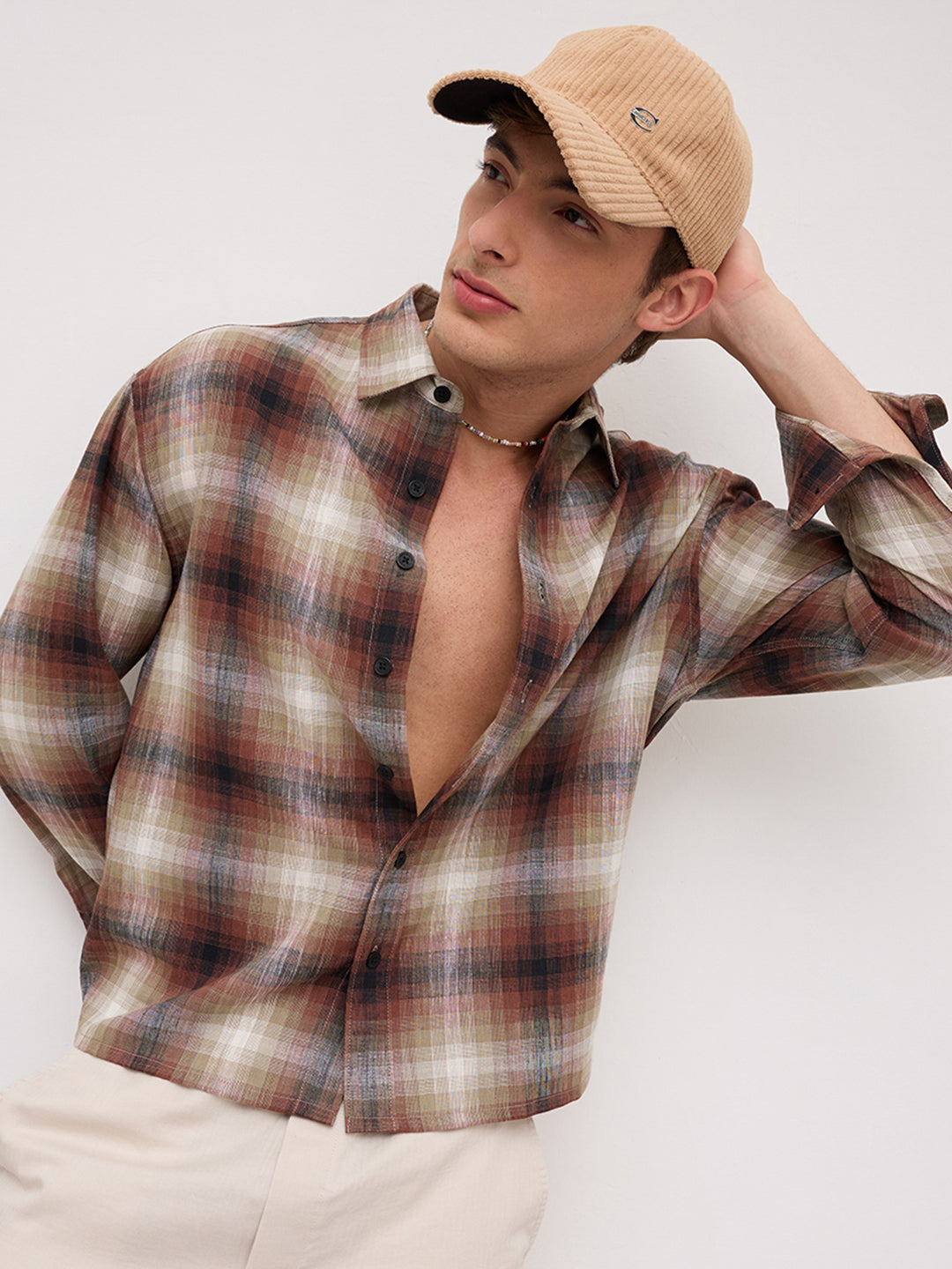 Brown & White Plaid Checks Boxy Fit Crop Shirt