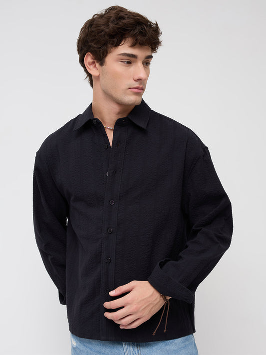 Black Seersucker Striped Boxy Fit Crop Shirt