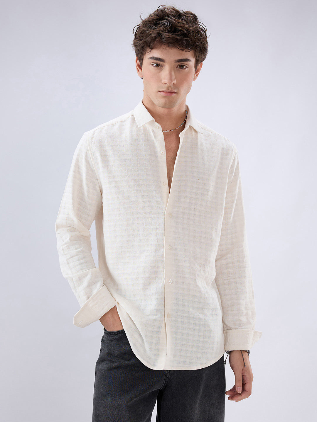 White Horizontal Striped Textured Shirt