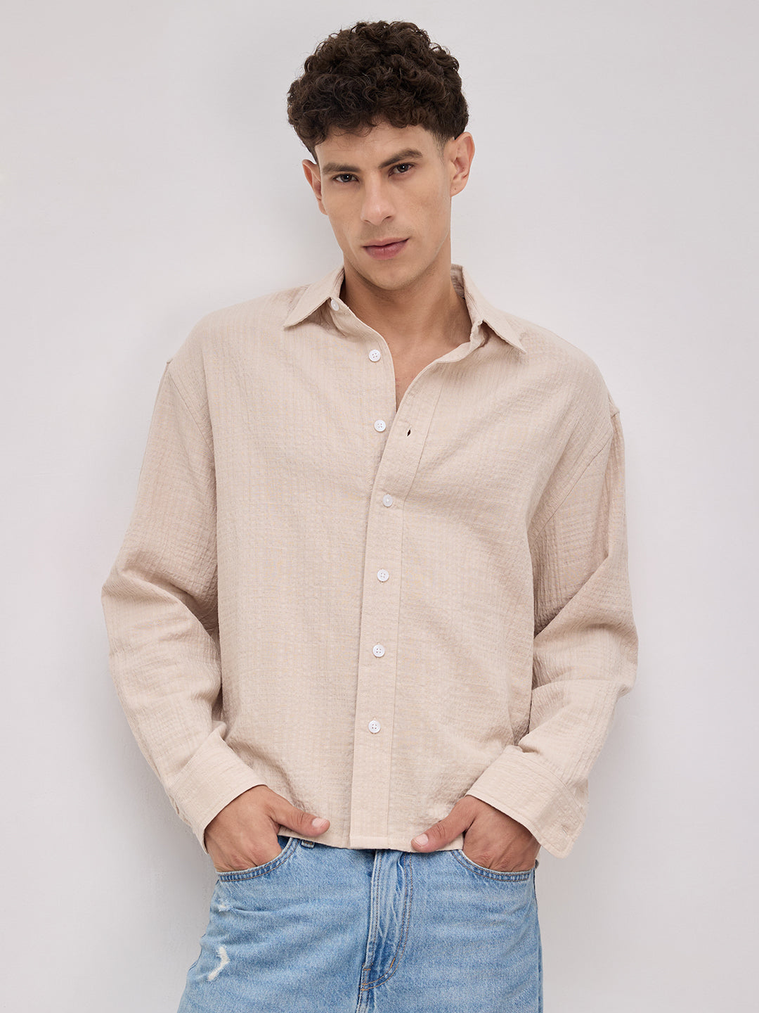 Beige Double Cloth Gauze Textured Boxy Fit Crop Shirt