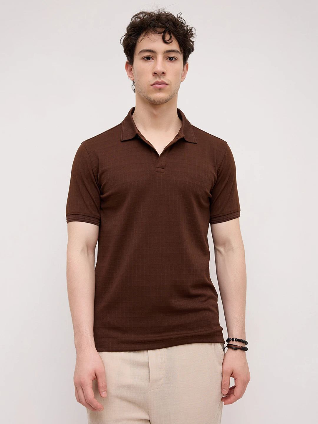 Brunette Brown Checks Weave Polo Tee