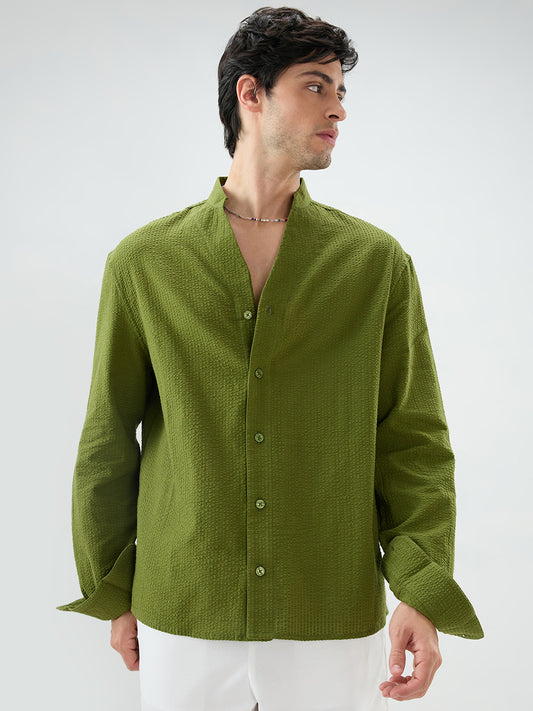 Basil Green Seersucker Striped Stand Collar Oversized Shirt