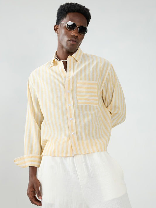 White & Yellow Balanced Striped Boxy Fit Crop Shirt