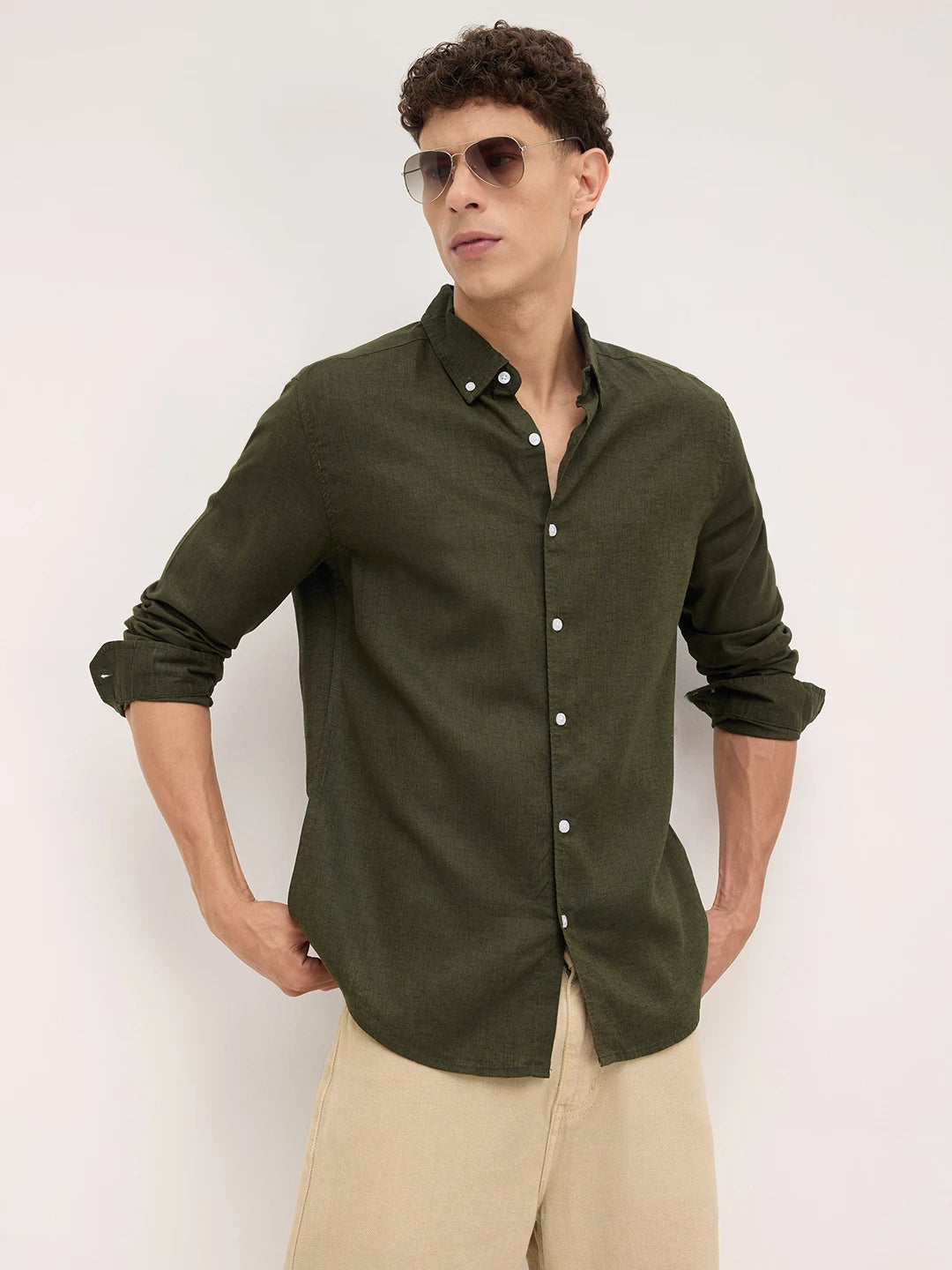 Forest Green Button-Down Collar Linen Blend Shirt