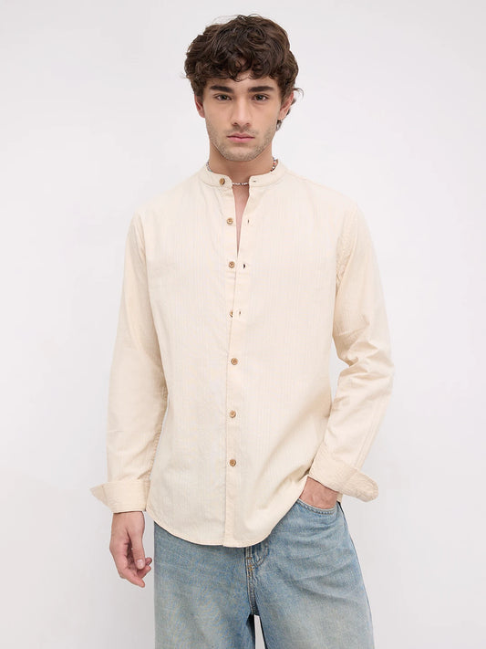 Bisque Beige Seersucker Striped Mandarin Shirt