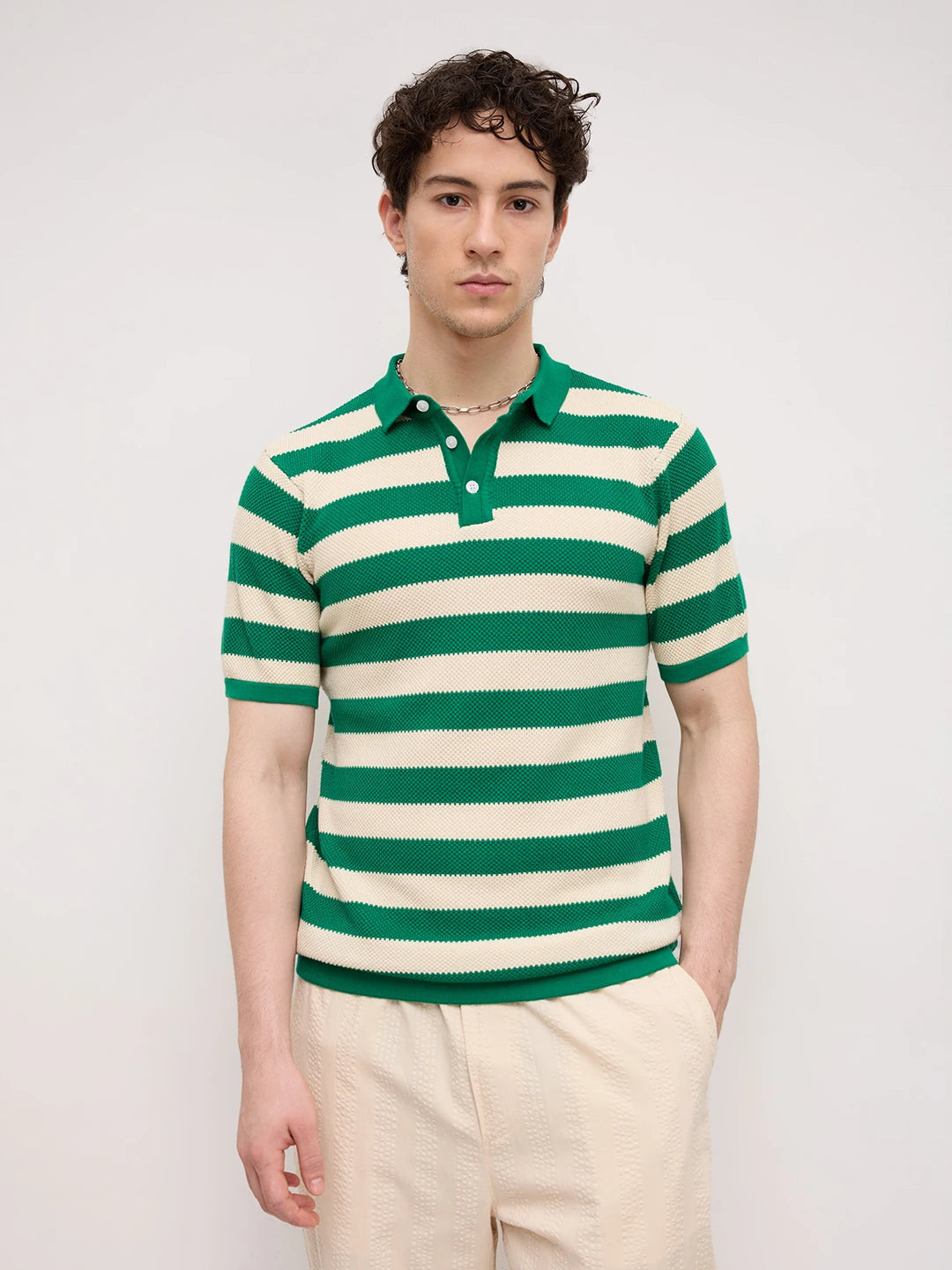Emerald Green Coast Striped Flat Knit Polo T-Shirt