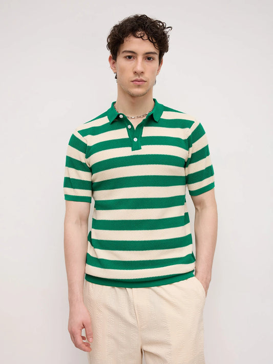Emerald Green Coast Striped Flat Knit Polo T-Shirt