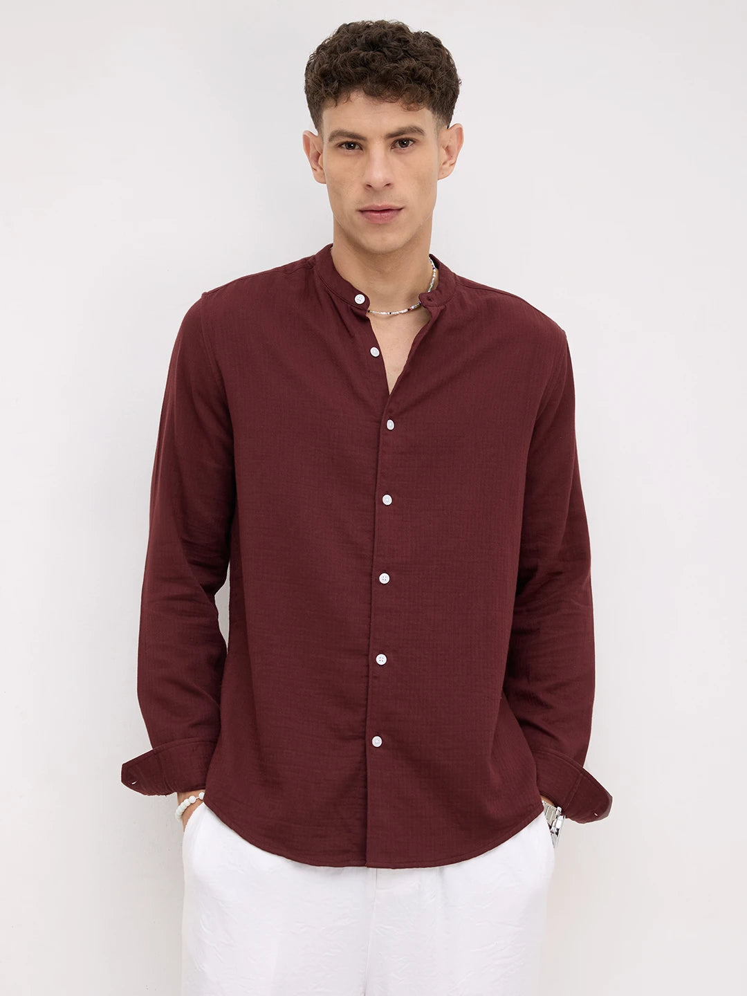 Deep Rust Herringbone Textured Mandarin Shirt