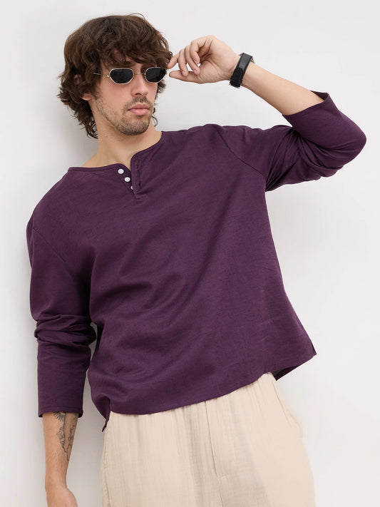 Luxe Plum Linen Blend Henley Neck Oversized Shirt