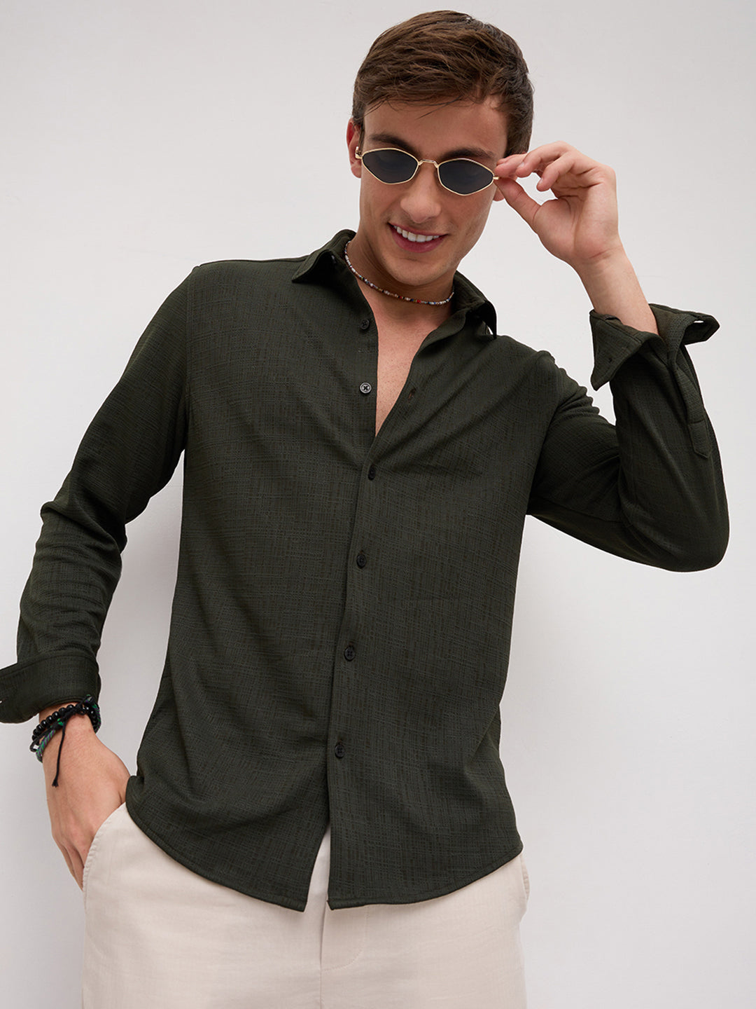 Dense Forest Green Mini Checks Textured Knitted Shirt