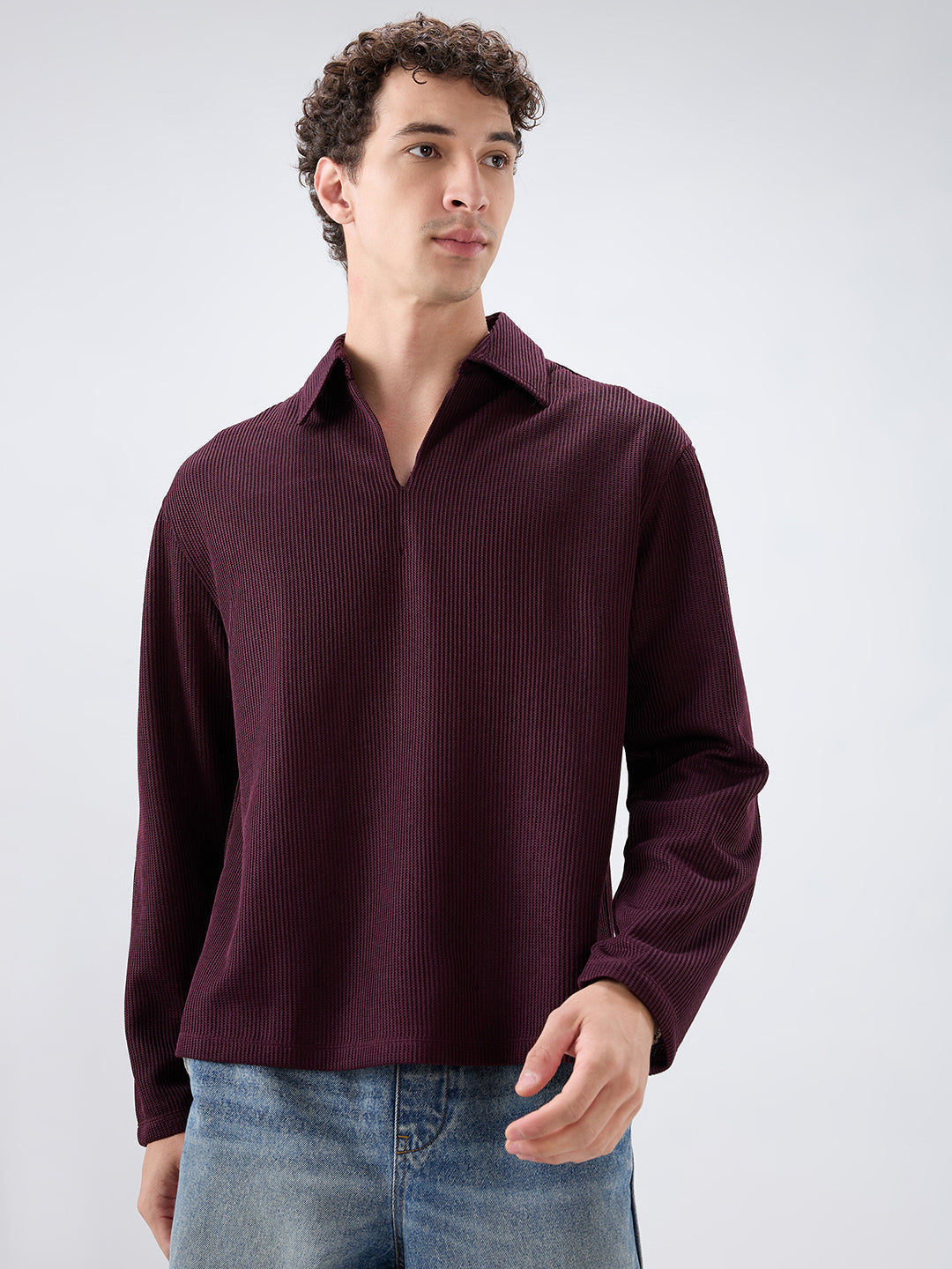 Refined Wine Textured Knitted Oversized Polo Shirt