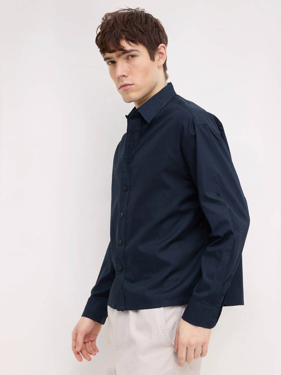 Classic Navy Herringbone Textured Boxy Fit Crop Shirt