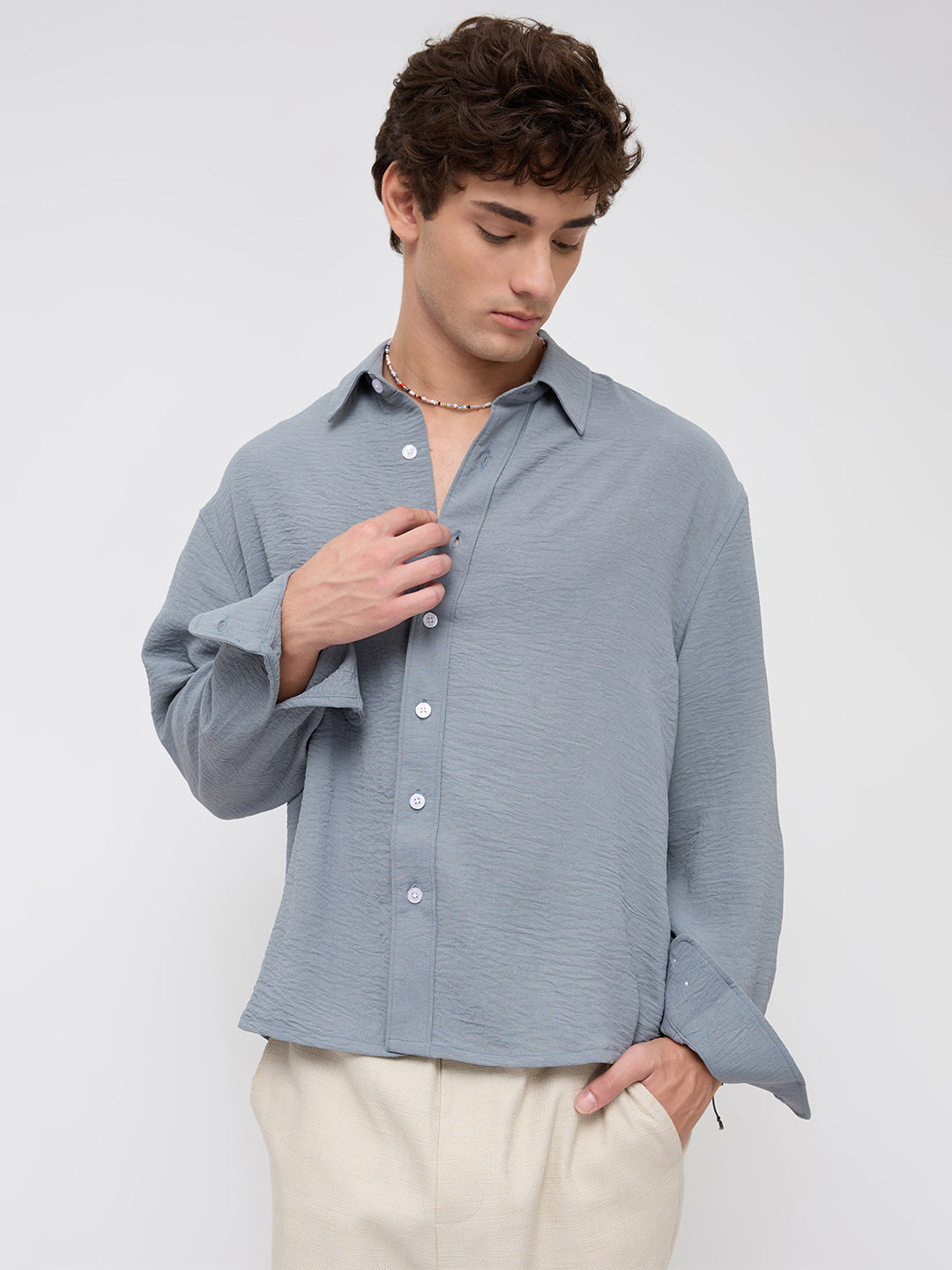 Plush Steel Grey Lightweight Crinkled Boxy Fit Crop Shirt