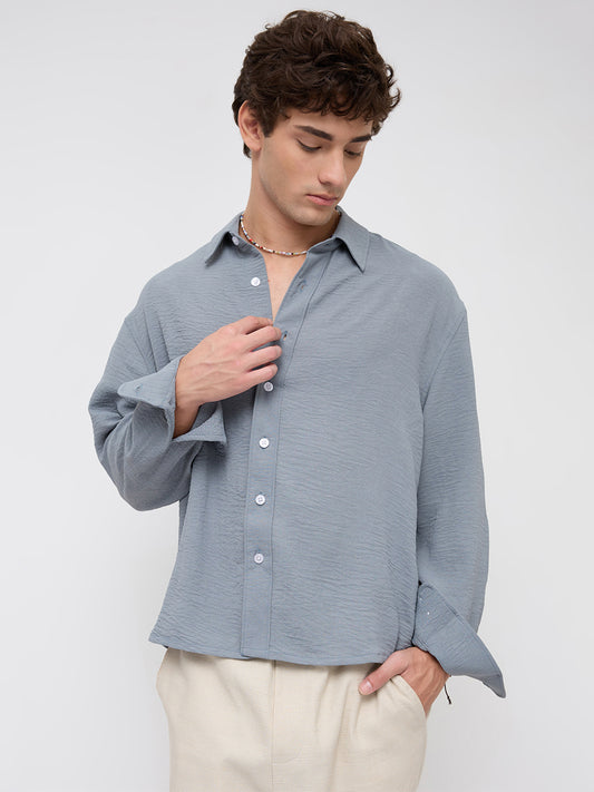 Plush Steel Grey Lightweight Crinkled Boxy Fit Crop Shirt