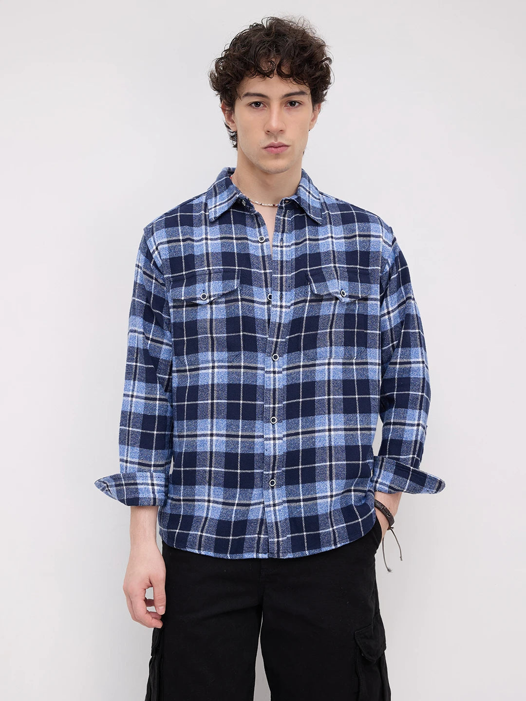Blue Tartan Checkered Double Pocket Flannel Shirt