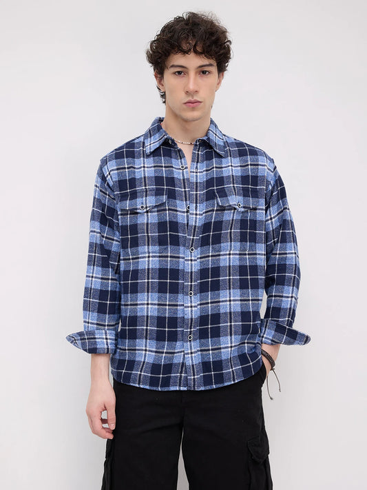 Blue Tartan Checkered Double Pocket Flannel Shirt