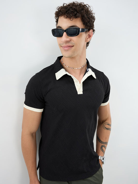 Rich Black Chevron Contrast Polo Neck T-shirt