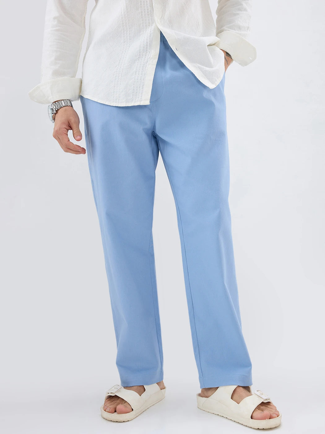 Solid Steel Blue Twill Tapered Trousers