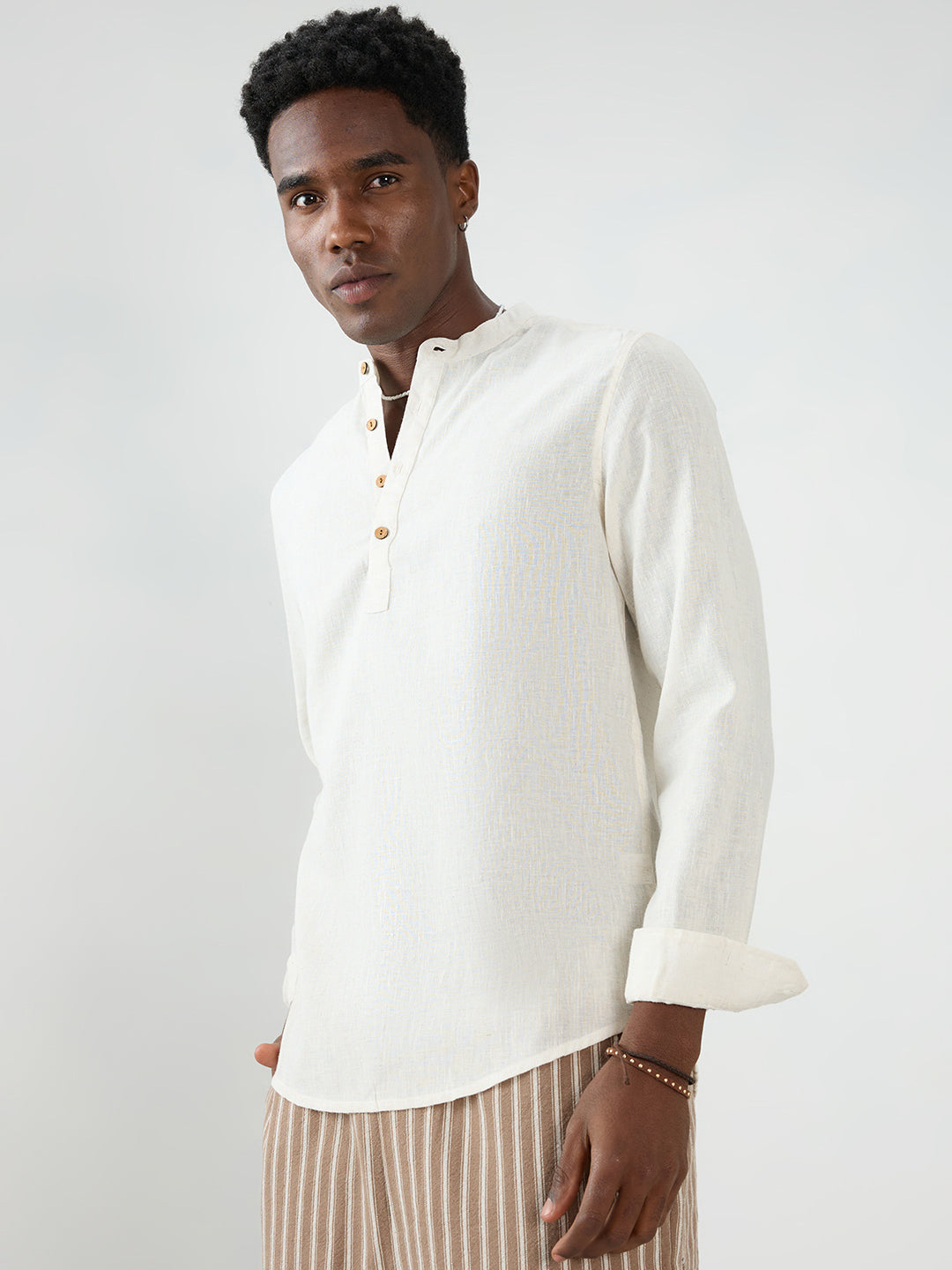 Cream Fine Slub Textured Sheer Kurta