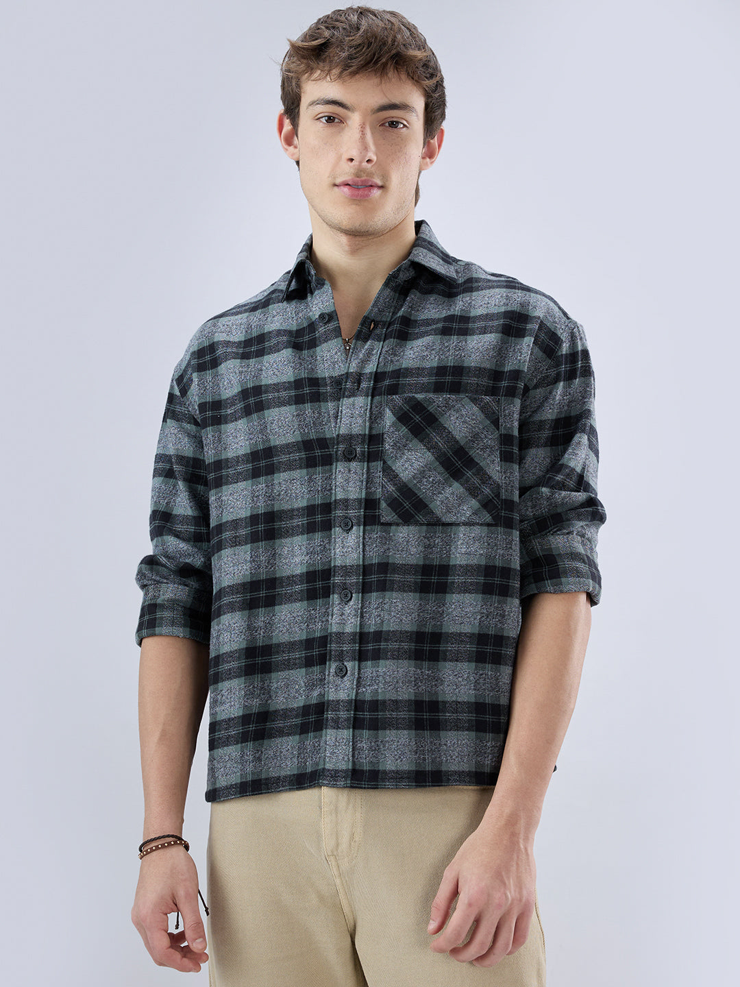 Olive & Black Multicolor Boxy Fit Crop Shirt