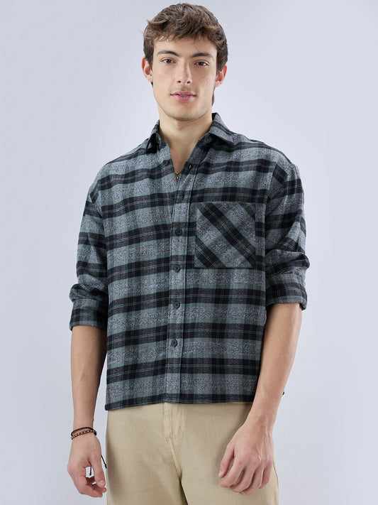 Olive & Black Multicolor Boxy Fit Crop Shirt