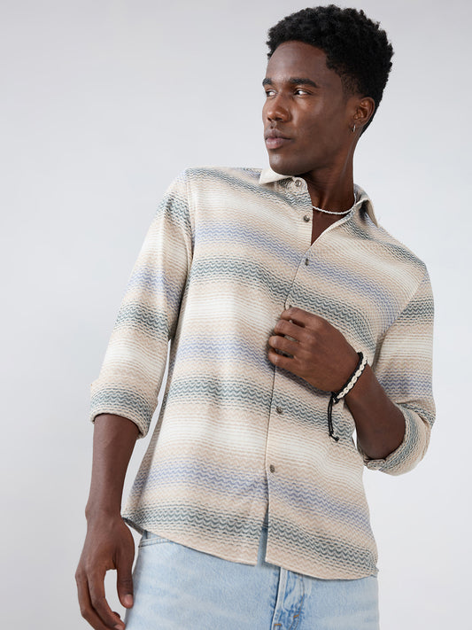 Natural Sand Beige Contrast Motif Striped Shirt