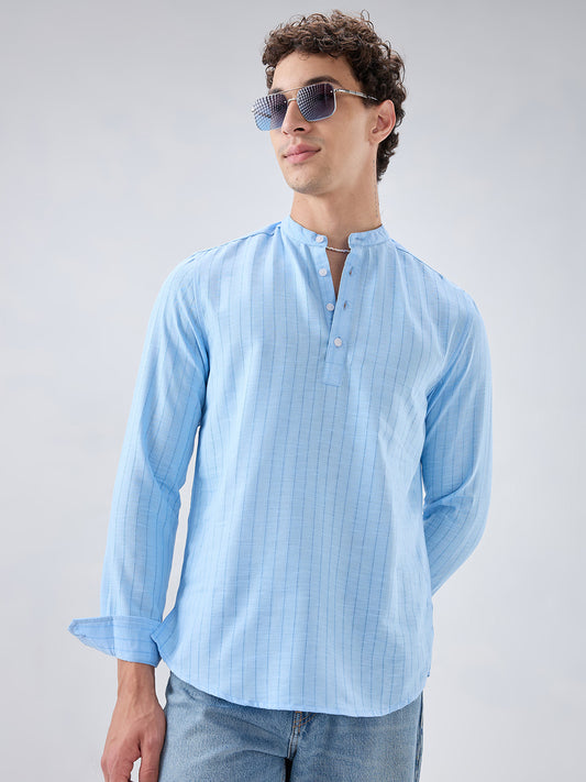 Baby Blue Ladder Striped Subtle Textured Kurta