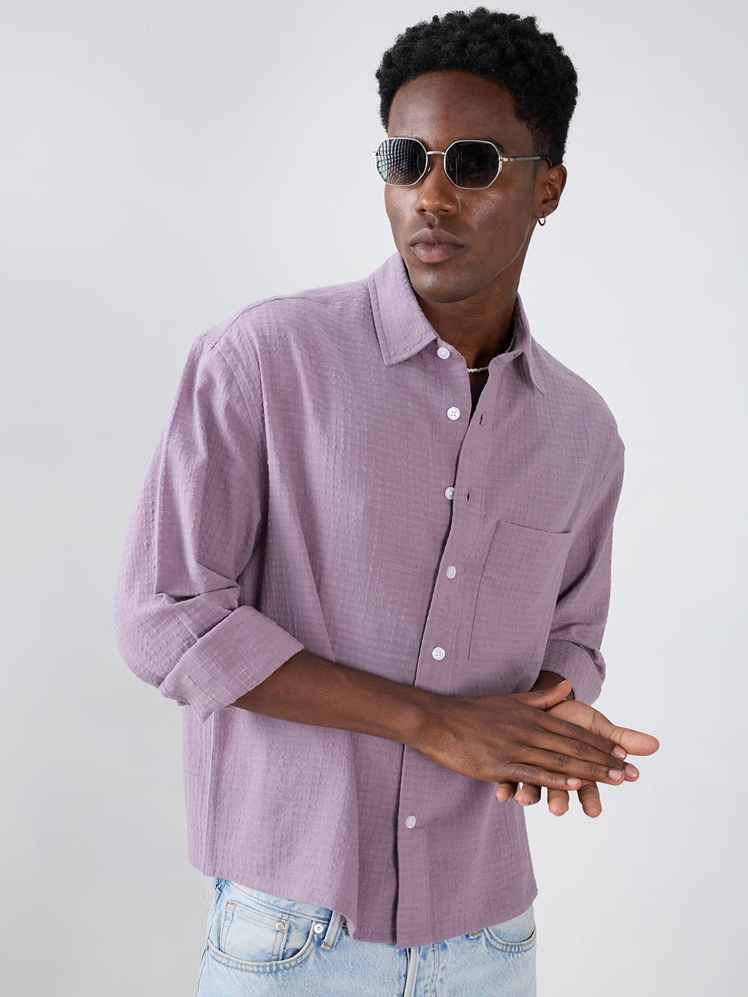 Soft Mauve Micro Grid Jacquard Weave Boxy Fit Crop Shirt