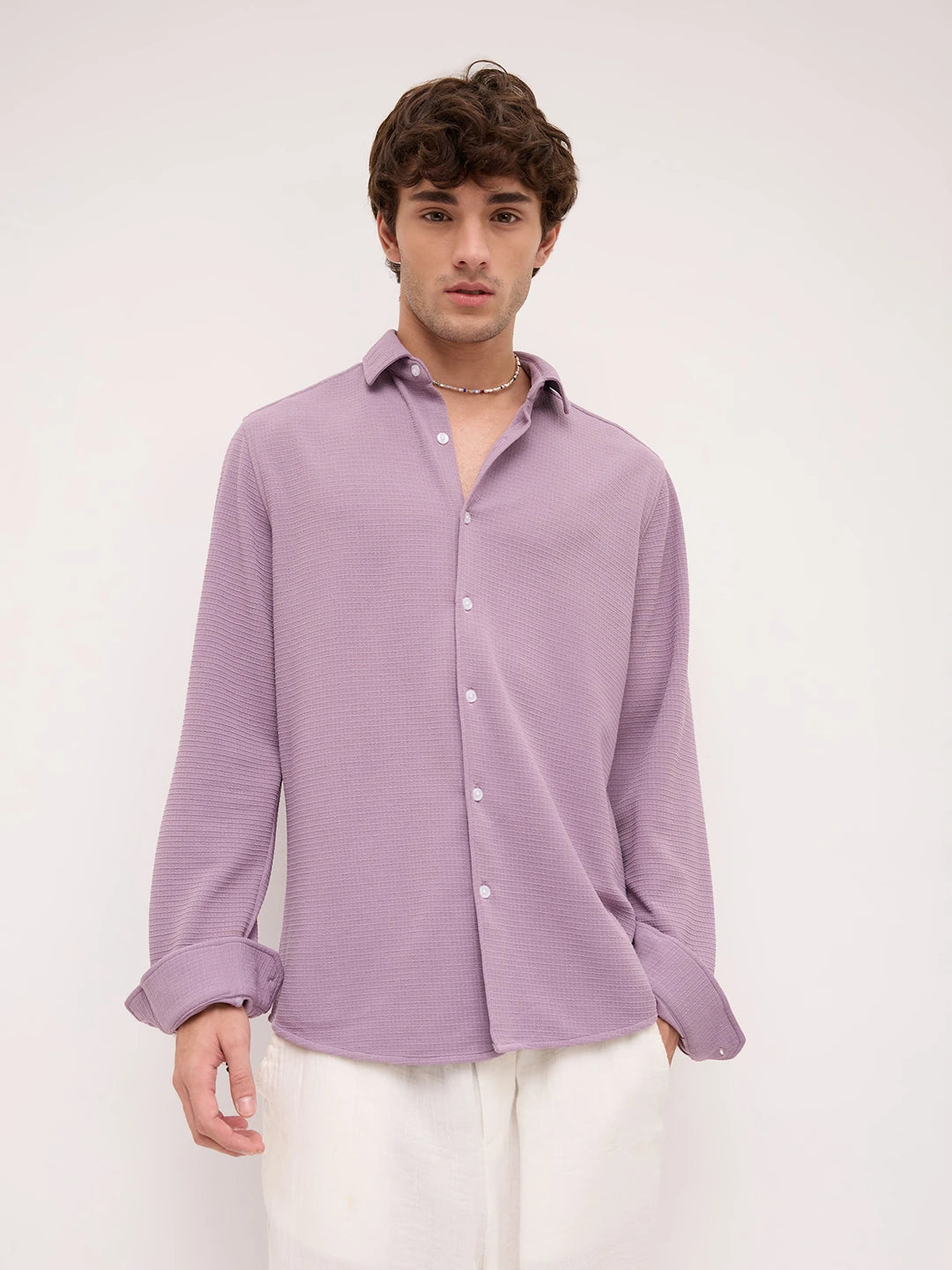 Refined Dusty Lilac Gingham Checks Knitted Shirt
