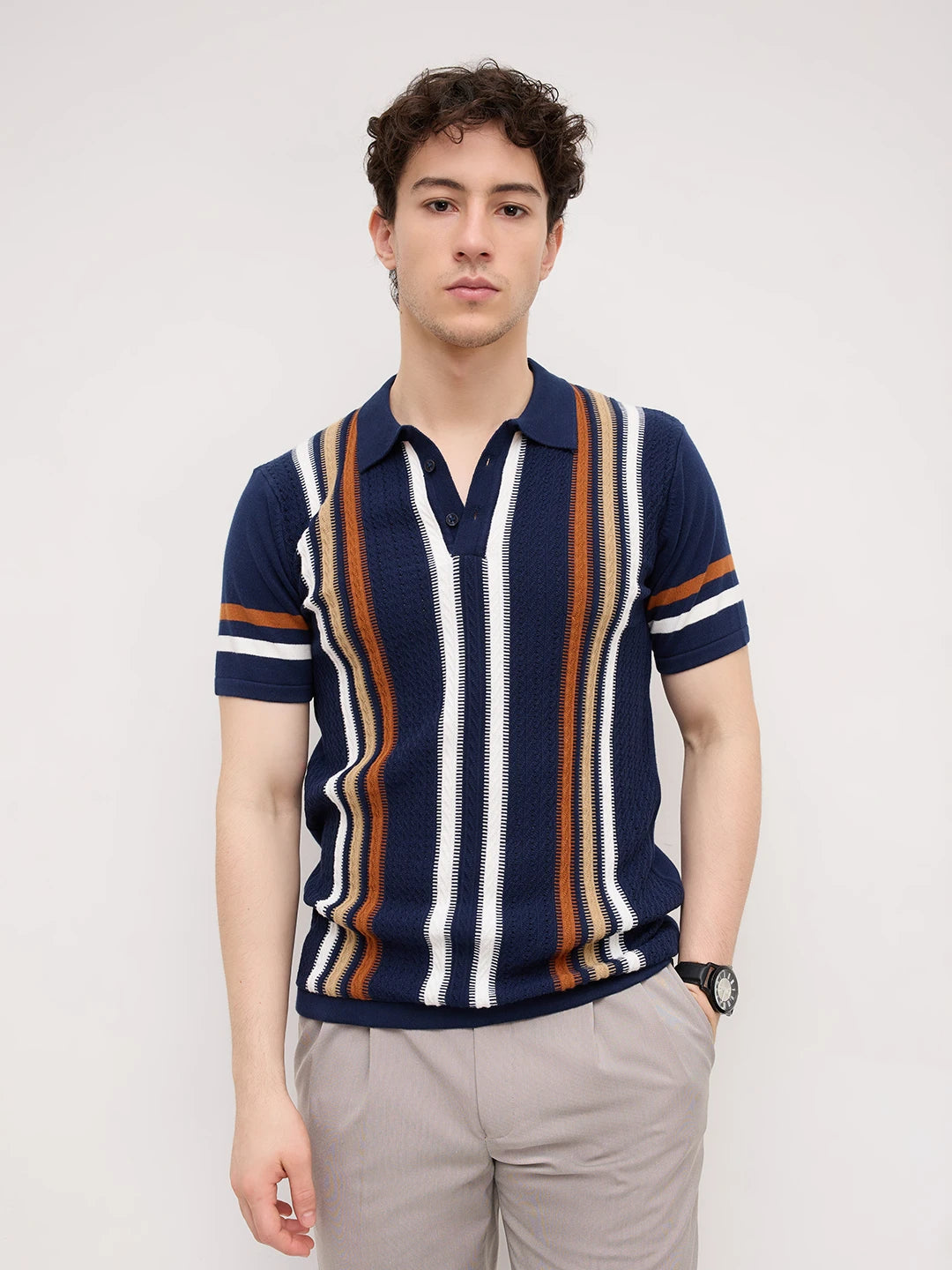 Vintage Multi-Stripe Raceway Zip Flat Knit Polo T-Shirt