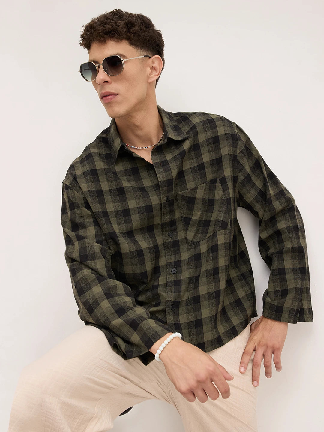 Luxe Green & Black Square Checks Cuffless Oversized Crop Shirt