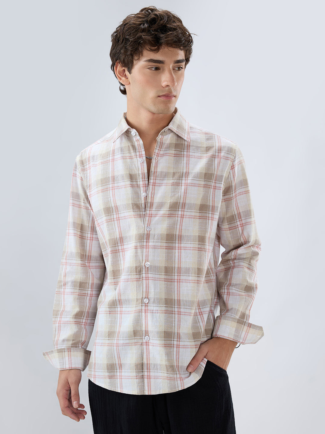 Pink & Brown Fine Weave Plaid Checks Shirt