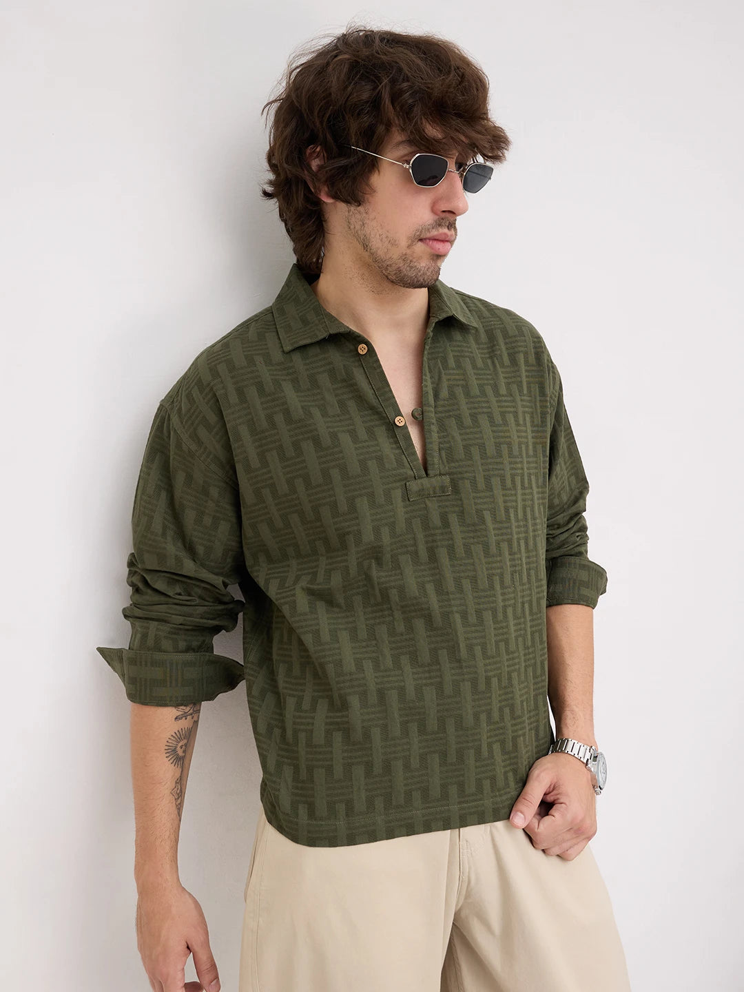 Contemporary Olive Architectural Weave Loop Button Oversized Shirt