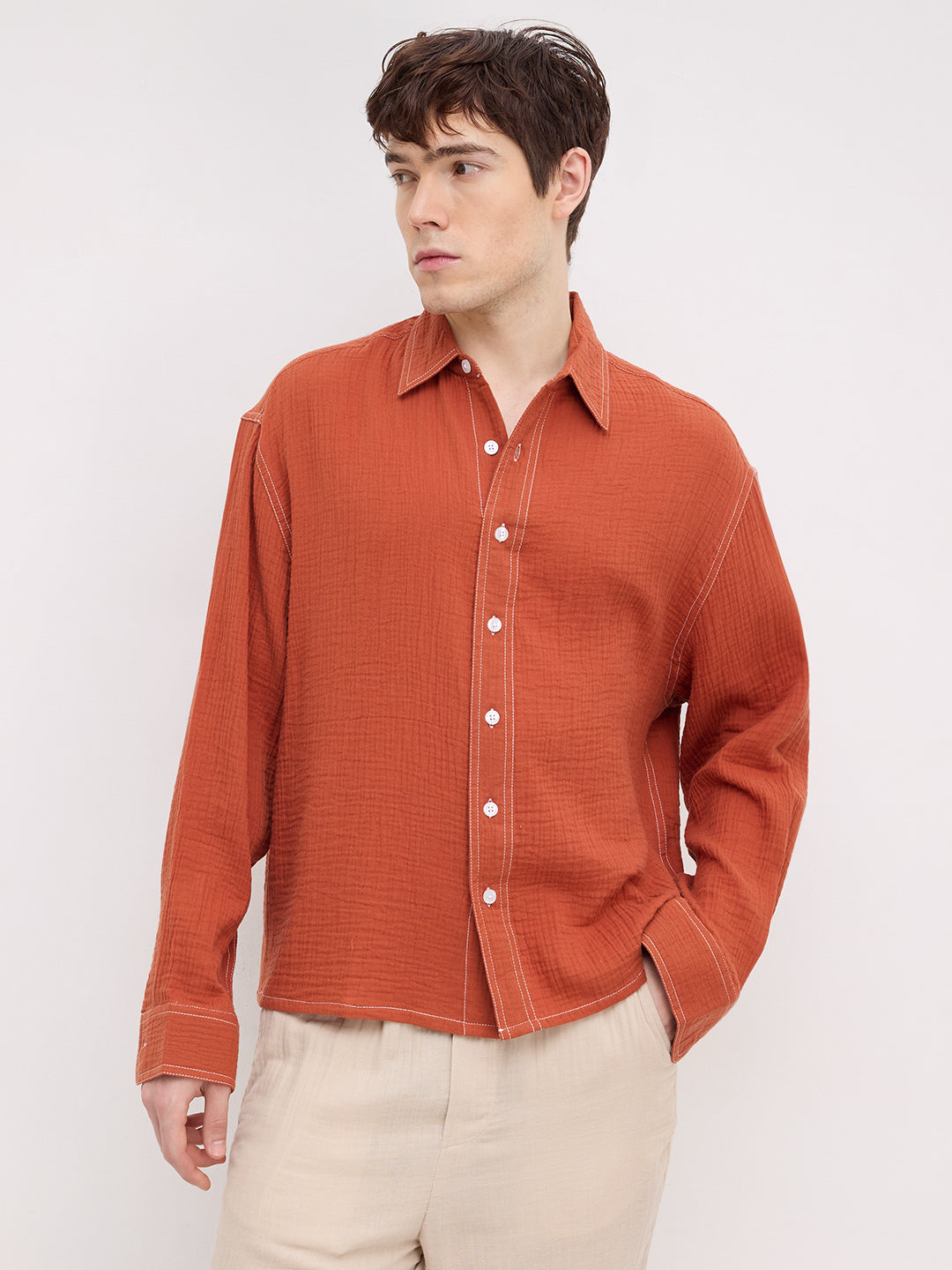 Rust Contrast Stitch Double Cloth Boxy Fit Crop Shirt