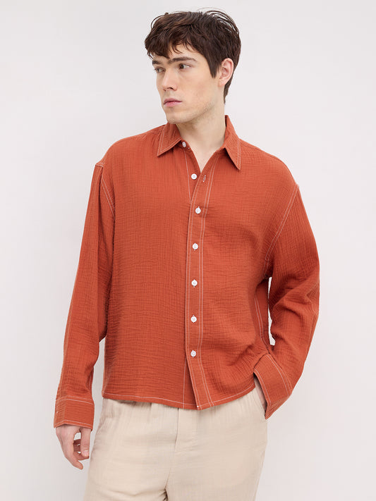 Rust Contrast Stitch Double Cloth Boxy Fit Crop Shirt