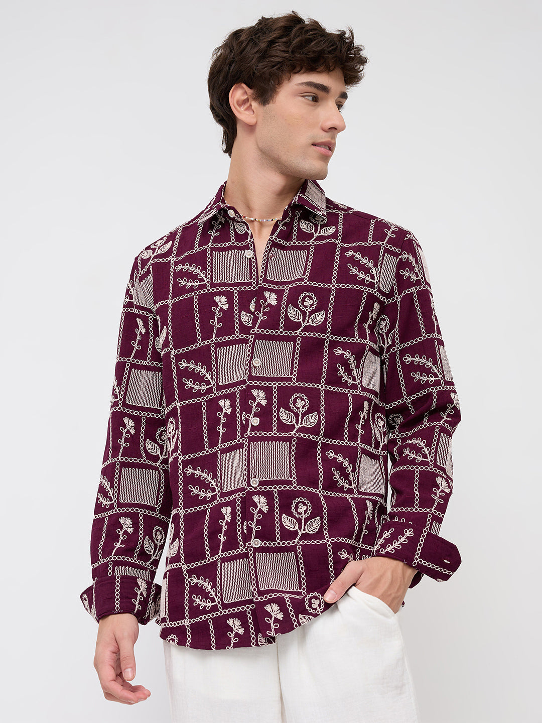 Wine Floral Frame Embroidered Slub Shirt