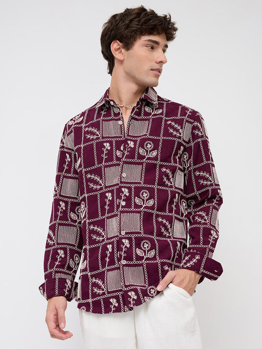 Wine Floral Frame Embroidered Slub Shirt